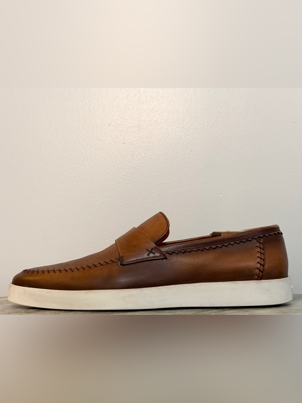 SANTONI BROWN / TAN Loafers UK 10.5 / US 11.5 Moccasin Slippers Rubber Sole $950 - Picture 3 of 12